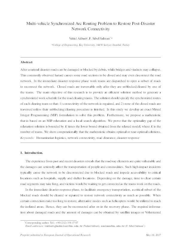 Multi-vehicle synchronized arc routing problem to restore post-disaster network connectivity Thumbnail