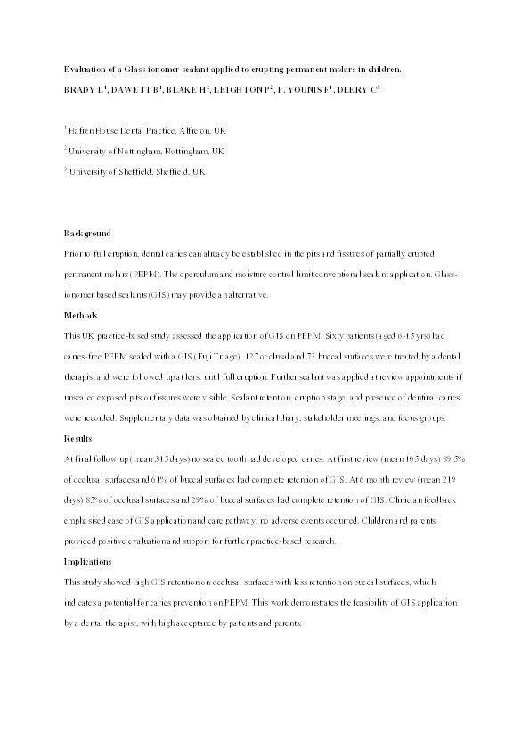 Evaluation of a Glass-ionomer sealant applied to erupting permanent molars in children Thumbnail