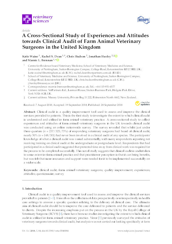 A cross-sectional study of experiences and attitudes towards clinical audit of farm animal veterinary surgeons in the United Kingdom Thumbnail