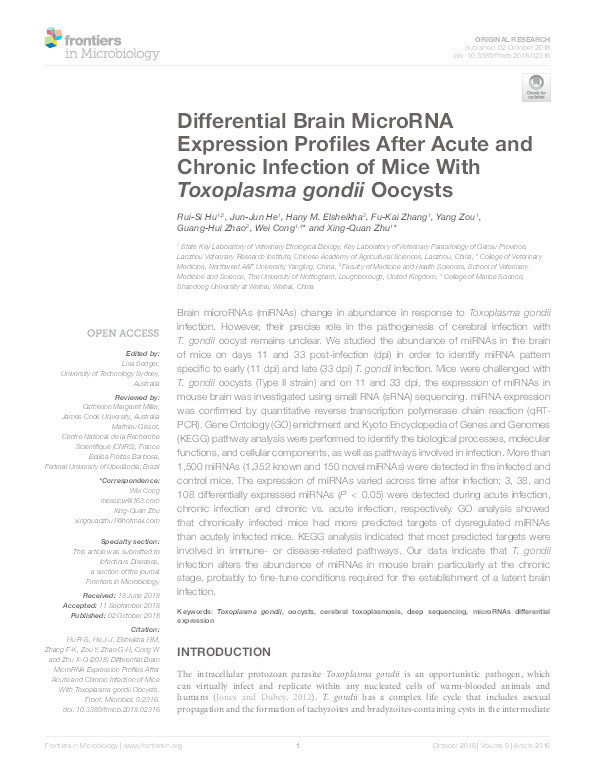 Differential brain microRNA expression profiles after acute and chronic infection of mice with Toxoplasma gondii oocysts Thumbnail