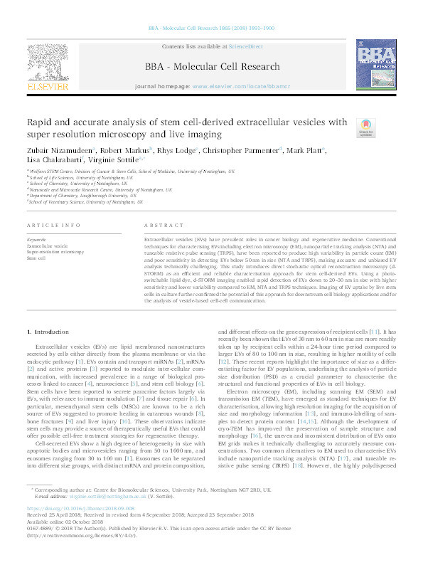 Rapid and accurate analysis of stem cell-derived extracellular vesicles with super resolution microscopy and live imaging Thumbnail