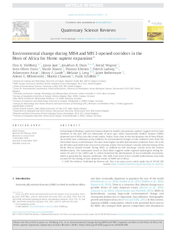 Environmental change during MIS4 and MIS 3 opened corridors in the Horn of Africa for Homo sapiens expansion Thumbnail