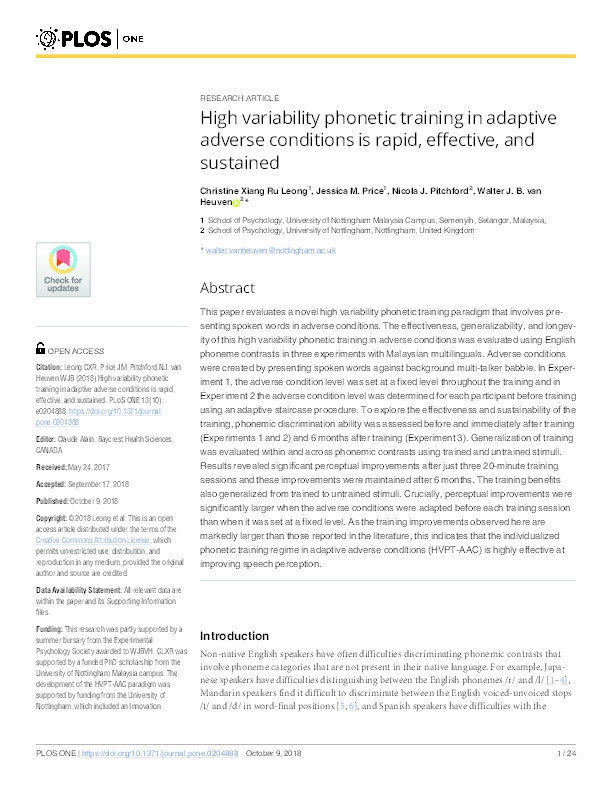 High variability phonetic training in adaptive adverse conditions is rapid, effective, and sustained Thumbnail