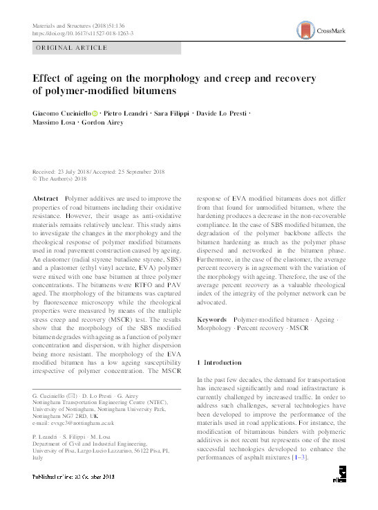 Effect of ageing on the morphology and creep and recovery of polymer-modified bitumens Thumbnail