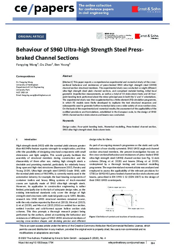Behaviour of S960 Ultra‐high Strength Steel Press‐braked Channel Sections Thumbnail