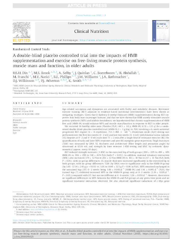 A double-blind placebo controlled trial into the impacts of HMB supplementation and exercise on free-living muscle protein synthesis, muscle mass and function, in older adults Thumbnail