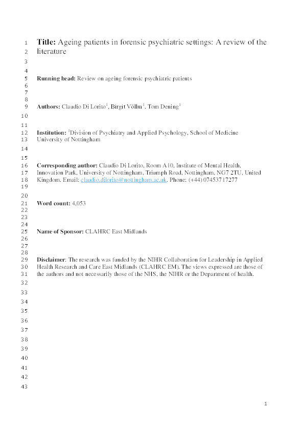 Ageing patients in forensic psychiatric settings: a review of the literature Thumbnail