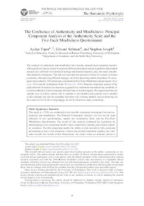 The confluence of authenticity and mindfulness: Principal component analysis of the Authenticity Scale and the Five-Facet Mindfulness Questionnaire Thumbnail