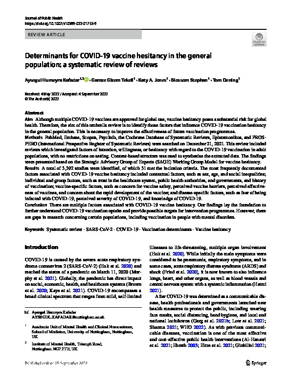 Determinants for COVID-19 vaccine hesitancy in the general population: a systematic review of reviews Thumbnail
