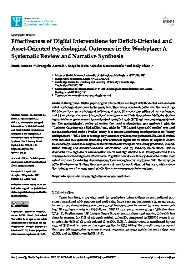 Effectiveness of Digital Interventions for Deficit-Oriented and Asset-Oriented Psychological Outcomes in the Workplace: A Systematic Review and Narrative Synthesis Thumbnail