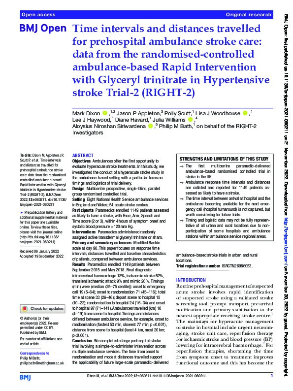 Time intervals and distances travelled for prehospital ambulance stroke care: data from the randomised-controlled ambulance-based Rapid Intervention with Glyceryl trinitrate in Hypertensive stroke Trial-2 (RIGHT-2) Thumbnail