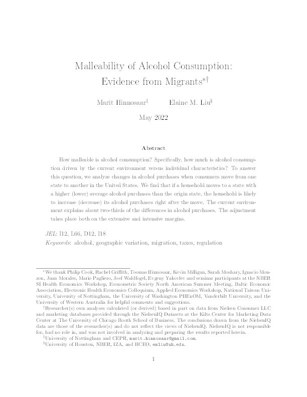 Malleability of Alcohol Consumption: Evidence from Migrants Thumbnail