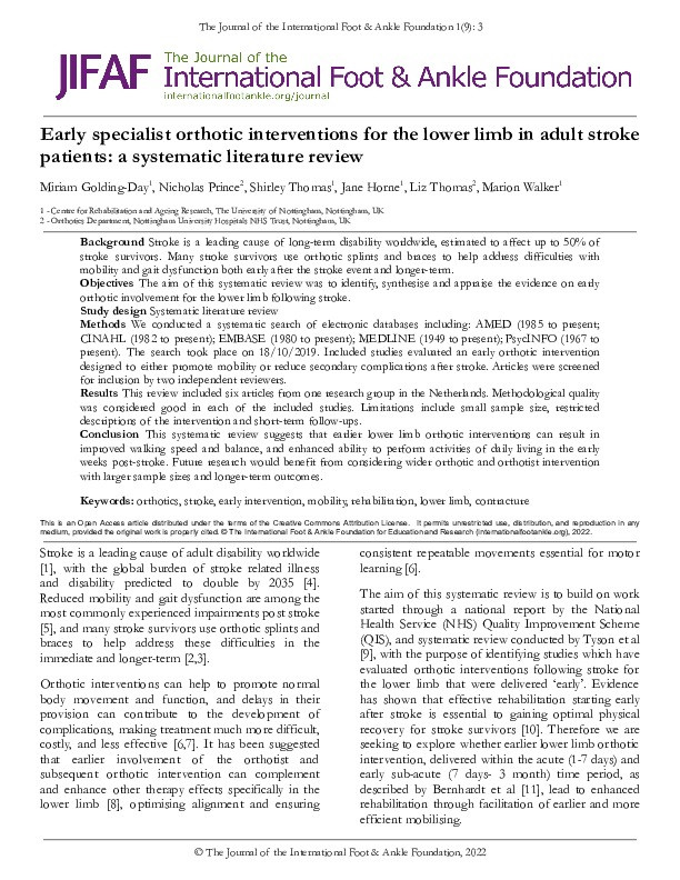 Early specialist orthotic interventions for the lower limb in adult stroke patients: a systematic literature review Thumbnail
