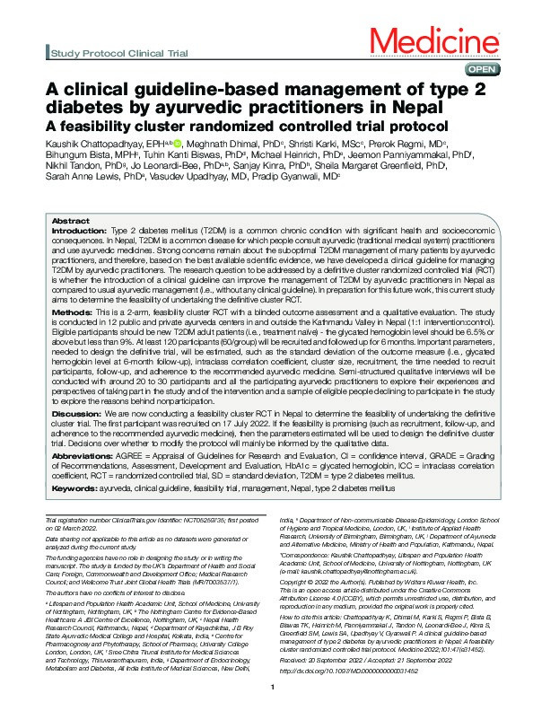 A clinical guideline-based management of type 2 diabetes by ayurvedic practitioners in Nepal: A feasibility cluster randomized controlled trial protocol Thumbnail