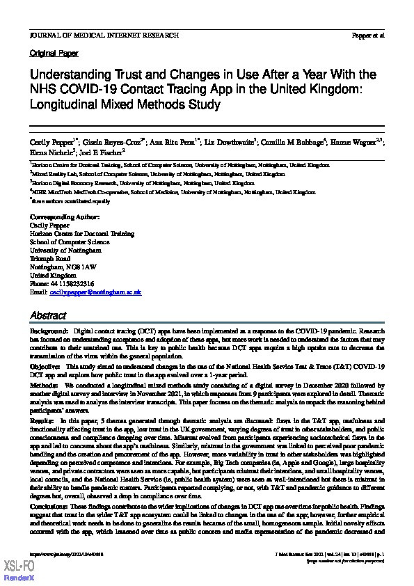 Understanding Trust and Changes in Use After a Year With the NHS COVID-19 Contact Tracing App in the United Kingdom: Longitudinal Mixed Methods Study Thumbnail