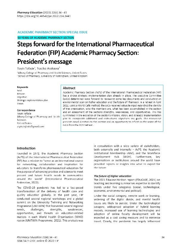 Steps forward for the International Pharmaceutical Federation (FIP) Academic Pharmacy Section: President’s message Thumbnail