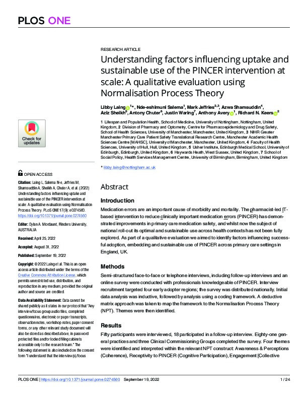 Understanding factors influencing uptake and sustainable use of the PINCER intervention at scale: A qualitative evaluation using Normalisation Process Theory Thumbnail