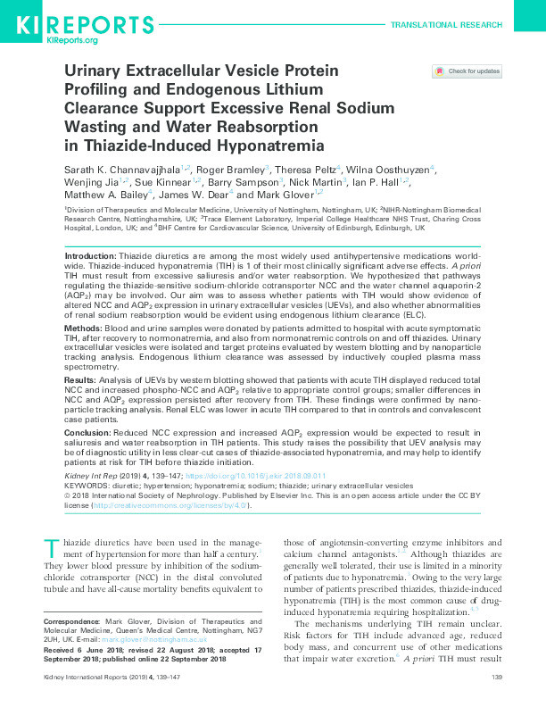 Urinary extracellular vesicle protein profiling and endogenous lithium clearance support excessive renal sodium wasting and water reabsorption in thiazide induced hyponatremia Thumbnail