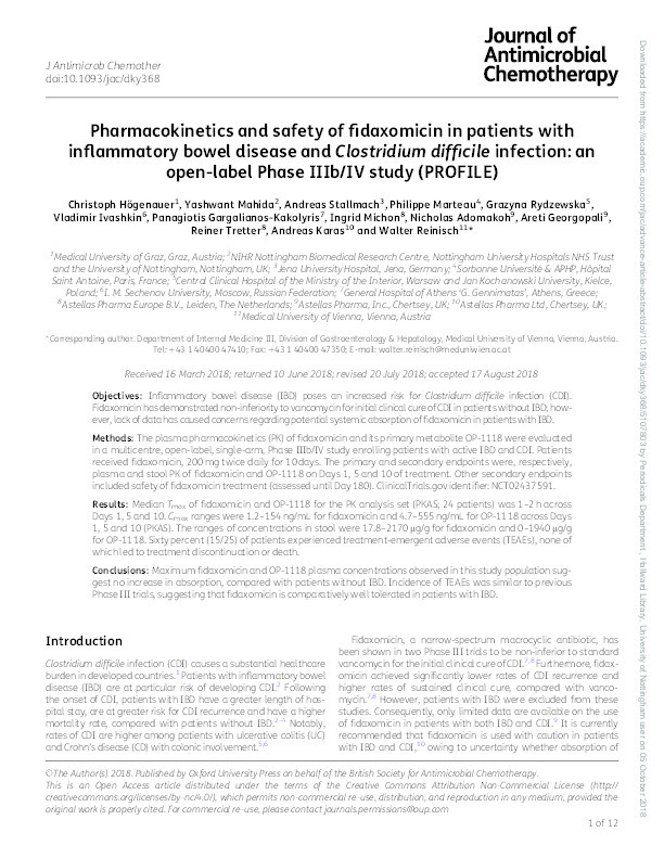 Pharmacokinetics and safety of fidaxomicin in patients with inflammatory bowel disease and Clostridium difficile infection: An open-label Phase IIIb/IV study (PROFILE) Thumbnail