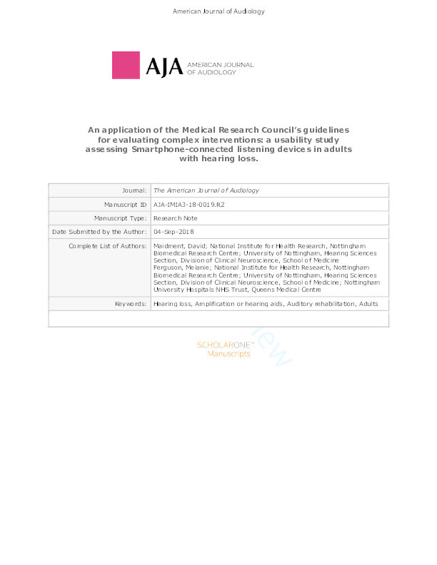 An application of the Medical Research Council’s guidelines for evaluating complex interventions: a usability study assessing Smartphone-connected listening devices in adults with hearing loss Thumbnail