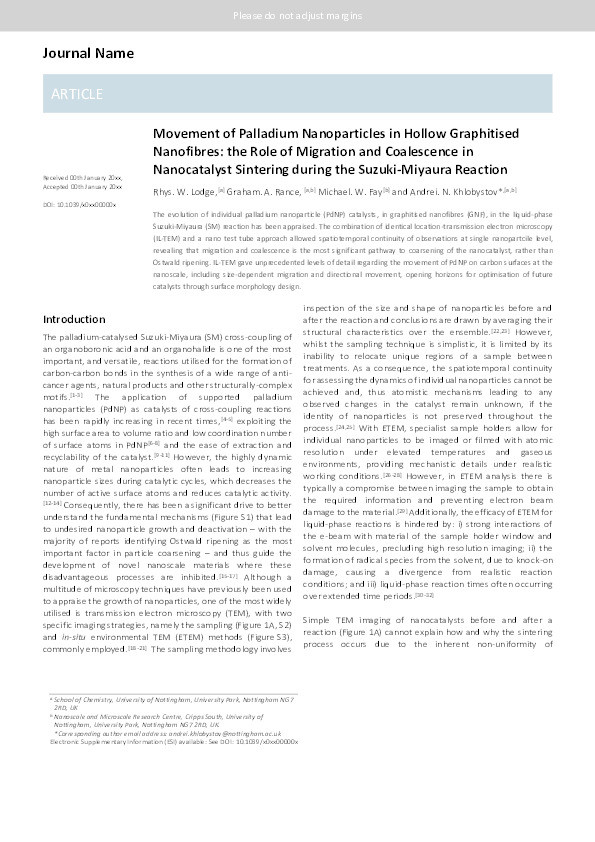 Movement of palladium nanoparticles in hollow graphitised nanofibres: the role of migration and coalescence in nanocatalyst sintering during the Suzuki–Miyaura reaction Thumbnail