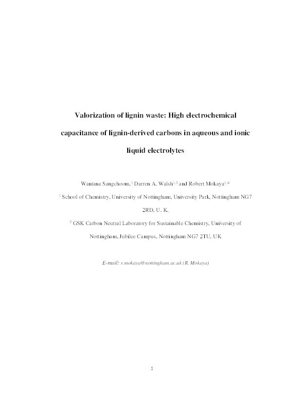 Valorization of lignin waste: high electrochemical capacitance of lignin-derived carbons in aqueous and ionic liquid electrolytes Thumbnail