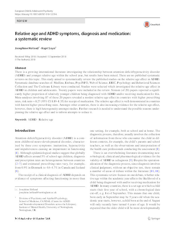 Relative age and ADHD symptoms, diagnosis and medication: a systematic review Thumbnail