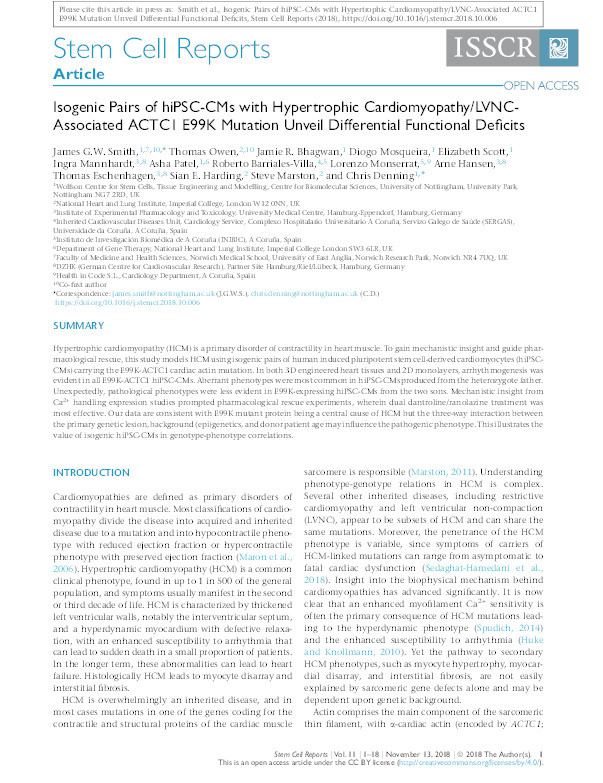 Isogenic pairs of hiPSC-CMs with hypertrophic cardiomyopathy/LVNC-associated ACTC1 E99K mutation unveil differential functional deficits Thumbnail