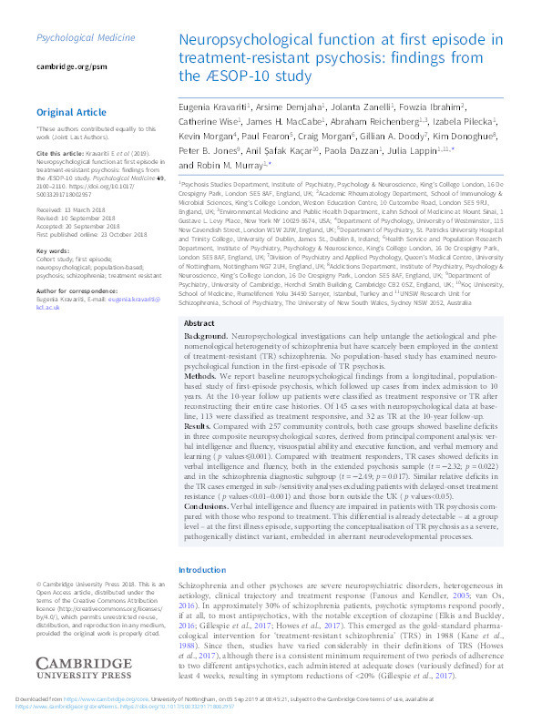 Neuropsychological function at first episode in treatment-resistant psychosis: Findings from the ÆsOP-10 study Thumbnail