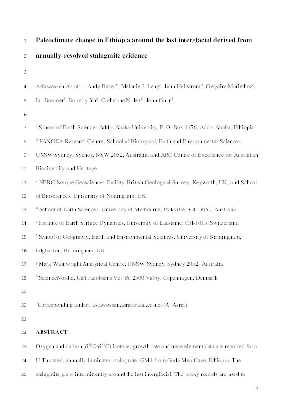 Paleoclimate change in Ethiopia around the last interglacial derived from annually-resolved stalagmite evidence Thumbnail