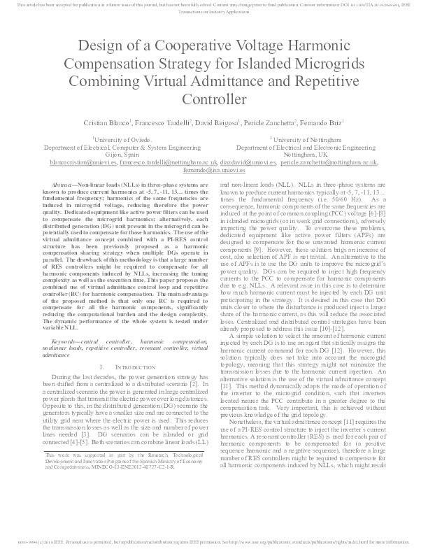 Design of a cooperative voltage harmonic compensation strategy for islanded microgrids combining virtual admittance and Repetitive Controller Thumbnail