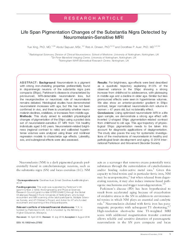 Lifespan pigmentation changes of the substantia nigra detected by neuromelanin-sensitive MRI Thumbnail