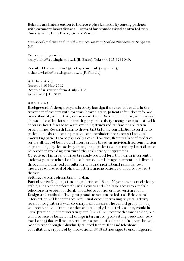 Behavioural intervention to increase physical activity among patients with coronary heart disease: protocol for a randomised controlled trial Thumbnail