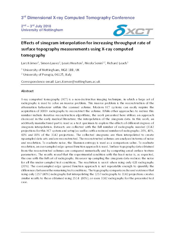 Effects of sinogram interpolation for increasing throughput rate of surface topography measurements using X-ray computed tomography Thumbnail