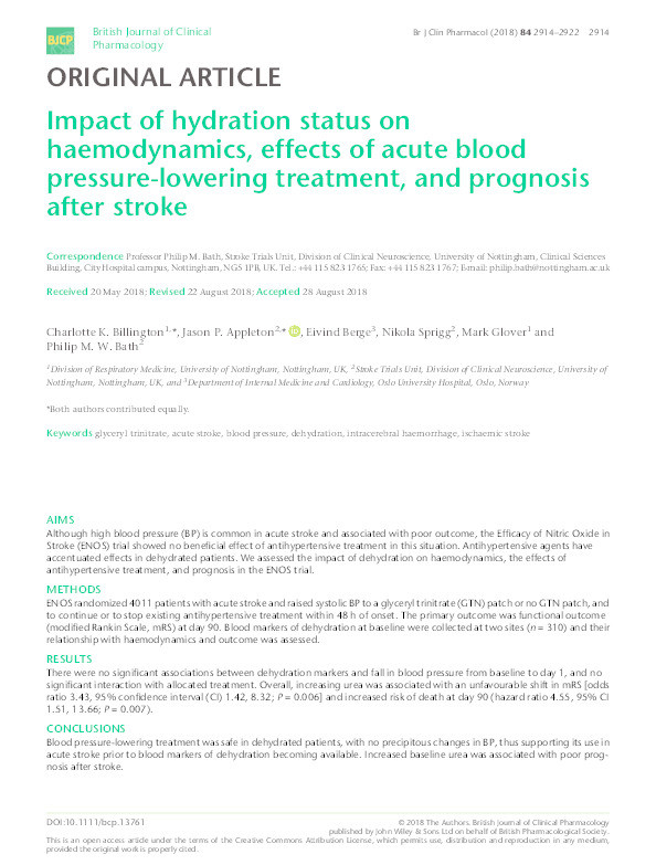 Impact of hydration status on haemodynamics, effects of acute blood pressure lowering treatment, and prognosis after stroke Thumbnail
