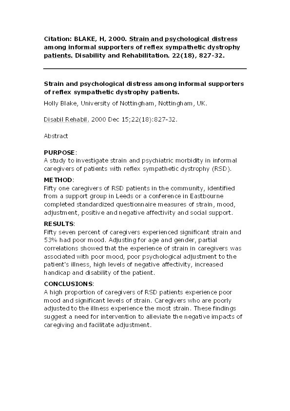 Strain and psychological distress among informal supporters of reflex sympathetic dystrophy patients Thumbnail