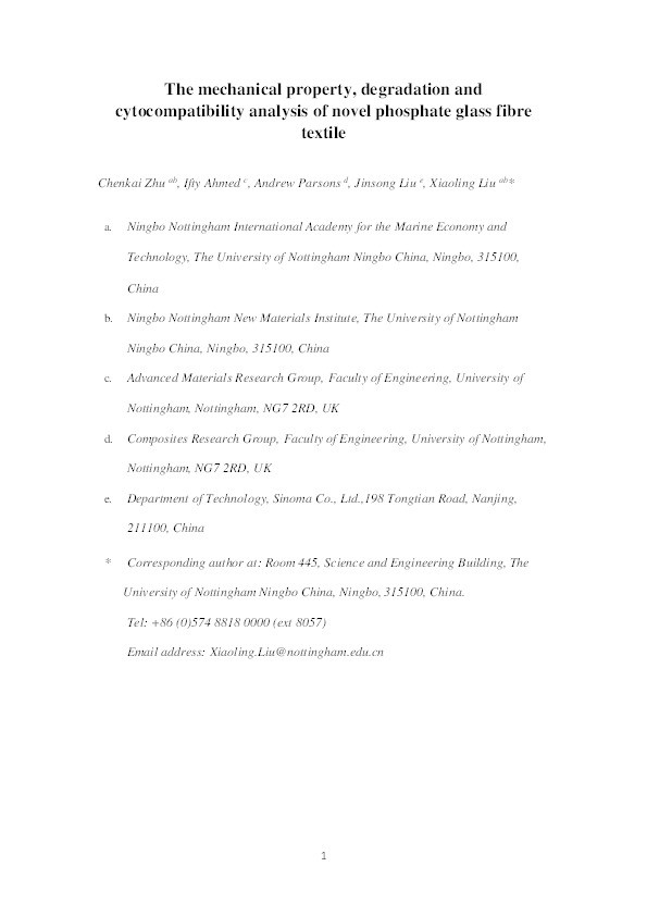 The mechanical property, degradation and cytocompatibility analysis of novel phosphate glass fiber textiles Thumbnail