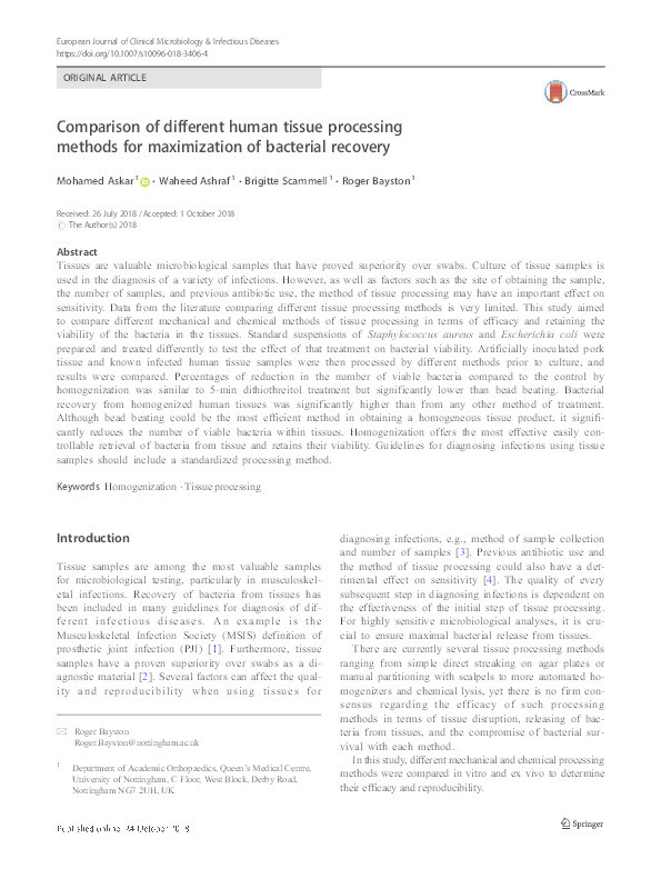 Comparison of different human tissue processing methods for maximization of bacterial recovery Thumbnail