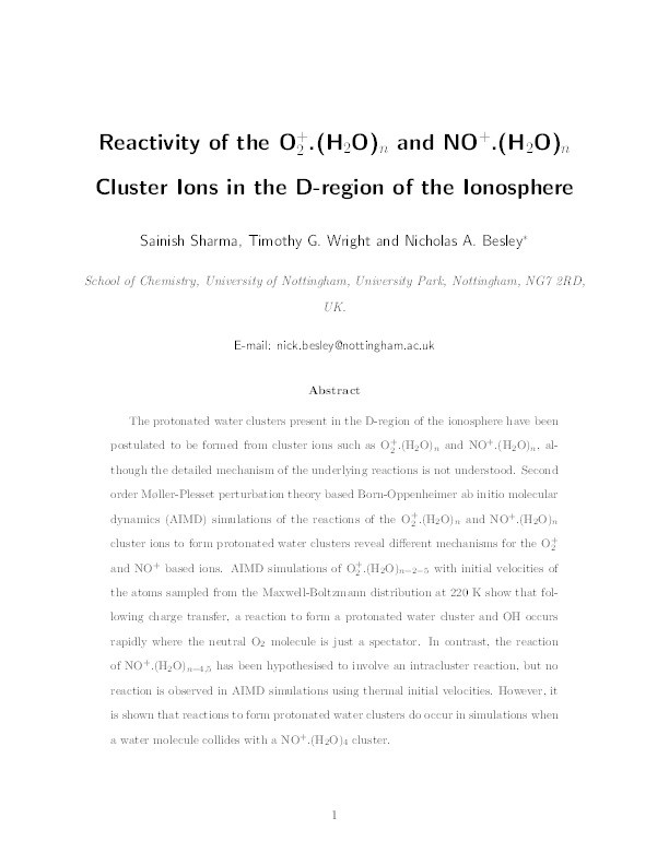 Reactivity of the O2+·(H2O)n and NO+·(H2O)n cluster ions in the D-region of the ionosphere Thumbnail