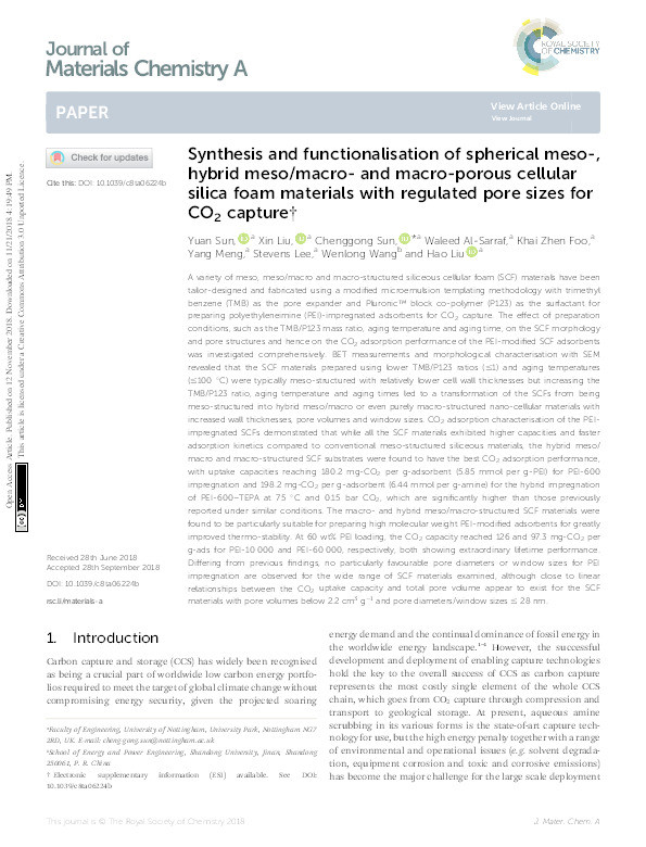 Synthesis and functionalisation of spherical meso-, hybrid meso/macro- and macro-porous cellular silica foam materials with regulated pore sizes for CO2 capture Thumbnail