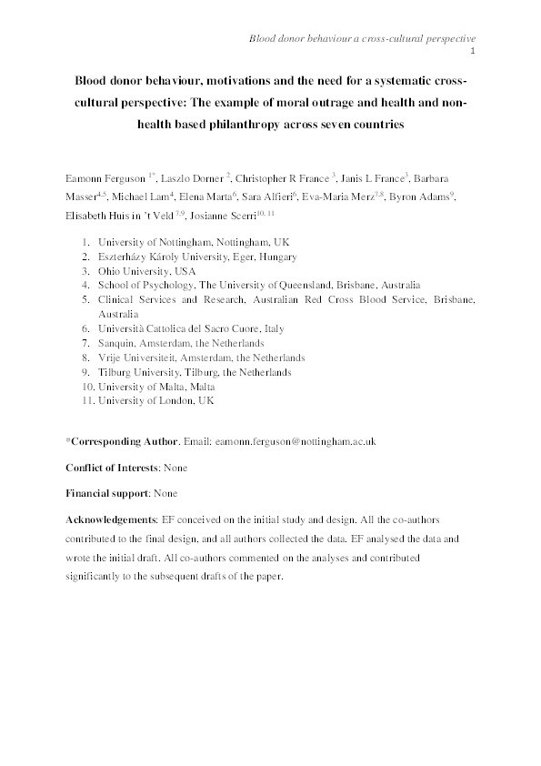 Blood donor behaviour, motivations and the need for a systematic cross-cultural perspective: the example of moral outrage and health and non-health based philanthropy across seven countries Thumbnail