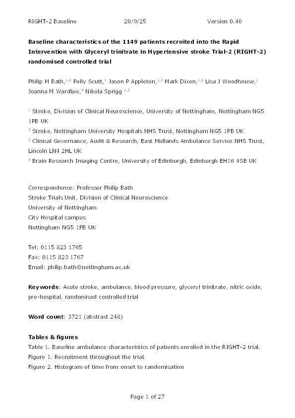 Baseline characteristics of the 1149 patients recruited into the Rapid Intervention with Glyceryl trinitrate in Hypertensive stroke Trial-2 (RIGHT-2) randomized controlled trial Thumbnail