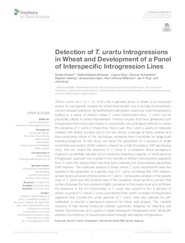 Detection of T. urartu introgressions in wheat and development of a panel of interspecific introgression lines Thumbnail