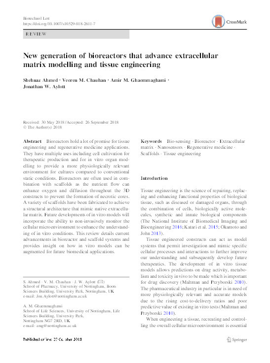 New generation of bioreactors that advance extracellular matrix modelling and tissue engineering Thumbnail