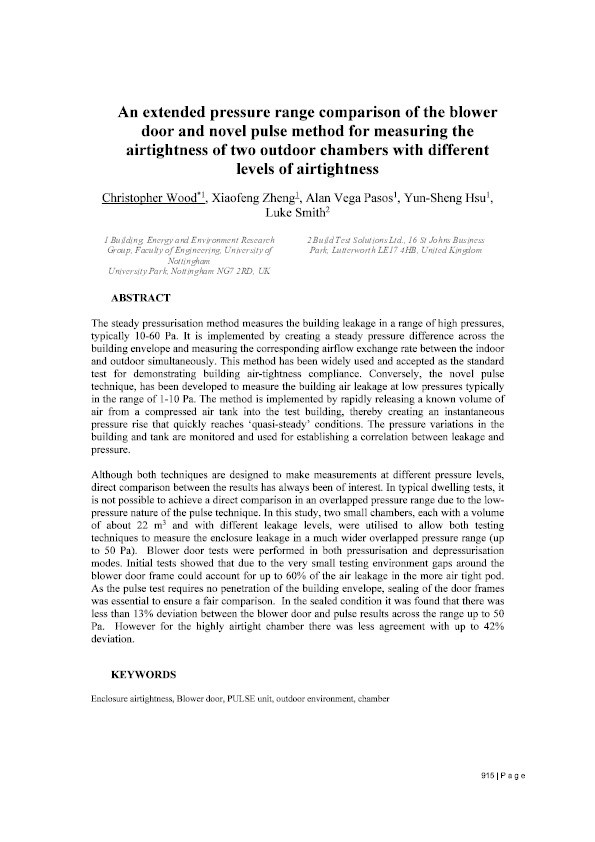 An extended pressure range comparison of the blower door and novel pulse method for measuring the airtightness of two outdoor chambers with different levels of airtightness Thumbnail