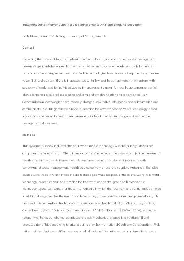 Text messaging interventions increase adherence to antiretroviral therapy and smoking cessation Thumbnail