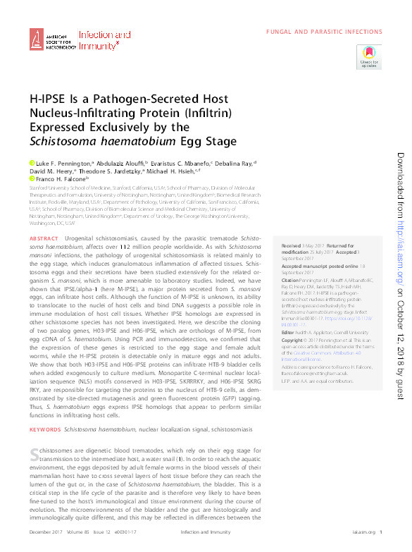 H-IPSE is a pathogen-secreted host nucleus-infiltrating protein (Infiltrin) expressed exclusively by the Schistosoma haematobium egg stage Thumbnail