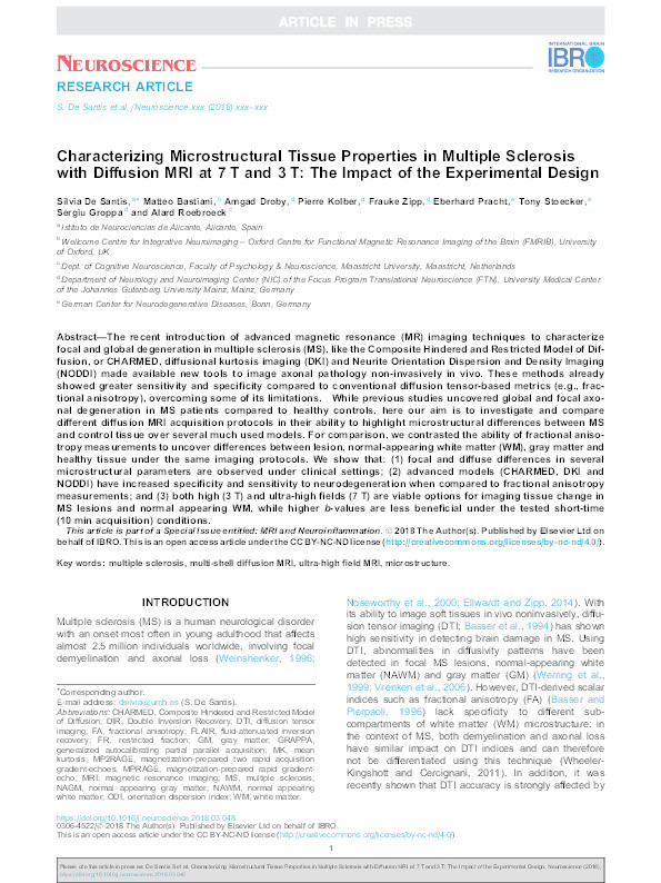 Characterizing Microstructural Tissue Properties in Multiple Sclerosis with Diffusion MRI at 7 T and 3 T: The Impact of the Experimental Design Thumbnail