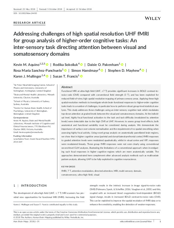 Addressing challenges of high spatial resolution UHF fMRI for group analysis of higher‐order cognitive tasks: An inter‐sensory task directing attention between visual and somatosensory domains Thumbnail