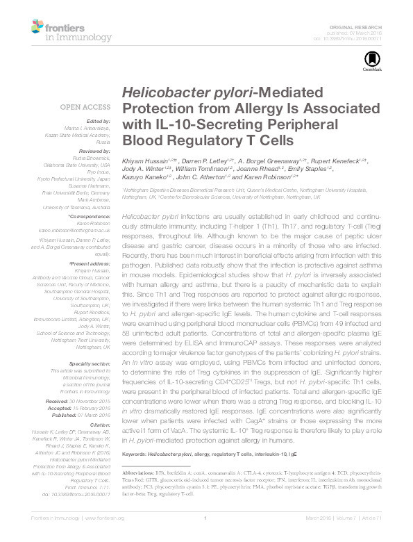 Helicobacter pylori-mediated protection from allergy is associated with IL-10-secreting peripheral blood regulatory T cells Thumbnail
